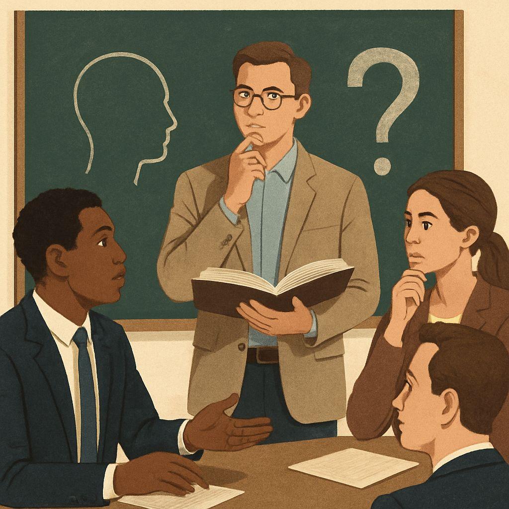 group discussion with ancient spiritual books and meditation setup